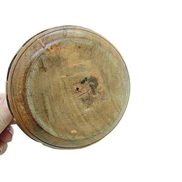 Handmade Hand Carved Wooden Bowl Trinket Dish Brown Round Shape Leaf Design 4x3 - Picture 4 of 11